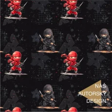 Bavlněný úplet Ninja – autorský design OliVe s červenými a černými bojovníky
