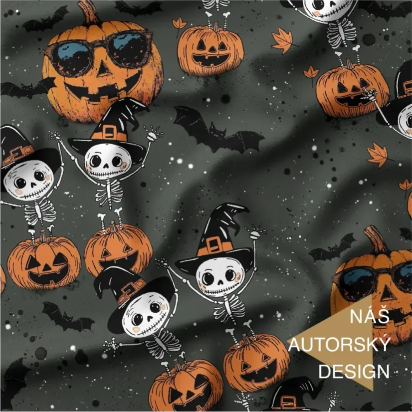 Autorský bavlněný úplet Halloween – dýně, kostlivci a netopýři na tmavém podkladu, originální design Oli-Ve.cz.