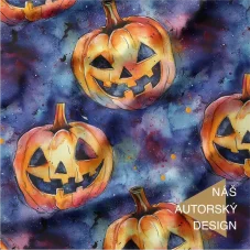 Autorský bavlněný úplet Dýně – oranžové halloweenské dýně na temně modrém podkladu, originální design Oli-Ve.cz.