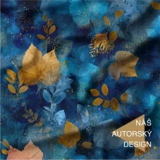 Bavlněná teplákovina s akvarelovým motivem modro-zlatých listů – elegantní podzimní design Oli-Ve.cz.