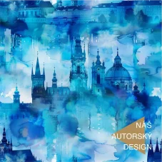 Detail umeleckého vzoru s pražskými vežami a historickými stavbami.