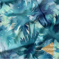 Bavlněný úplet s elastanem – akvarelové palmy v modrozelených tónech, metráž