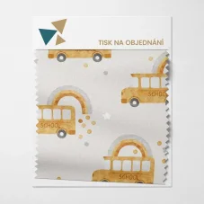 Látka s motivem školních autobusů a duhy – tisk na objednávku.