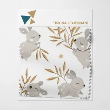 Látka s motivem králíčků a větviček v přírodních tónech – tisk na objednávku.