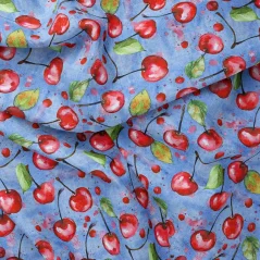 Bavlněný úplet Třešně na jeans, Látky OliVe Bavlněný úplet Třešně na jeans, Látky OliVe
