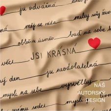 Autorský bavlněný úplet Latte s motivačními nápisy – pozitivní slova a červená srdíčka na béžovém podkladu, design Oli-Ve.cz.