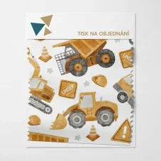 Látka s motivem stavebních strojů a bagrů – tisk na objednávku.