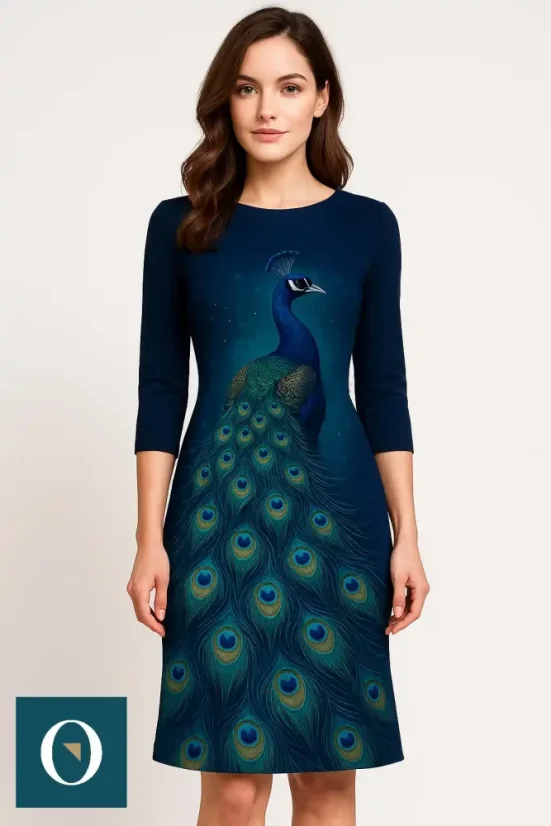 Panel z bavlněného úpletu s motivem páva v modrozelených tónech.