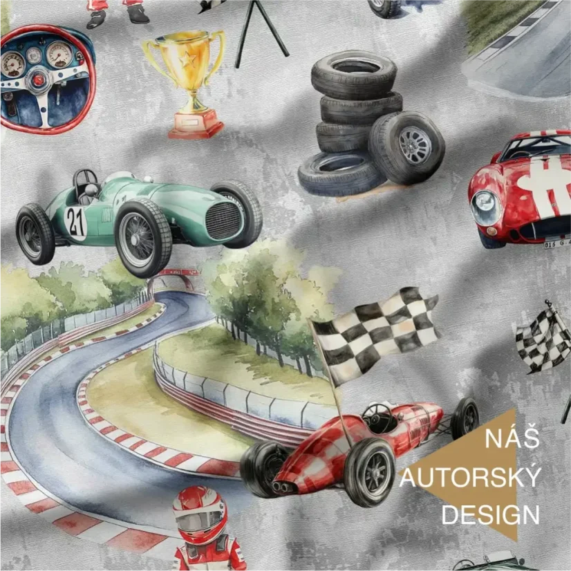 Bavlněný úplet s motivem závodních aut a retro veteránů – autorský design Látky OliVe.