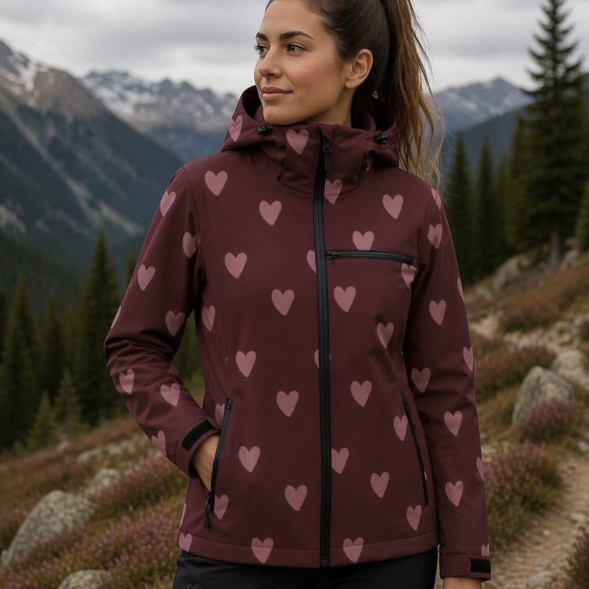 Burgundsky vínově-hnědý softshell s růžovými srdci na outdoorové oblečení