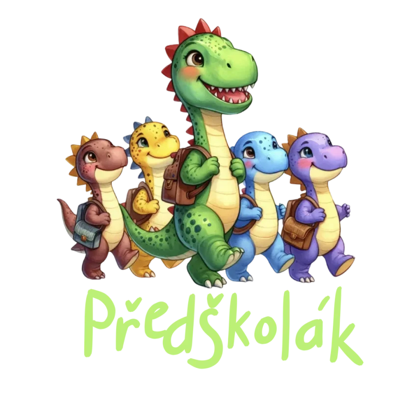 DTF nažehlovačka s veselými dinosaury a nápisem Předškolák – barevný dětský motiv pro handmade výrobky DTF nažehlovačka s veselými dinosaury a nápisem Předškolák – barevný dětský motiv pro handmade výrobky