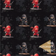 Bavlněný úplet Ninja – autorský design OliVe s červenými a černými bojovníky