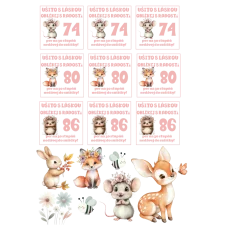 Růžový DTF arch A5 s velikostními nažehlovačkami 74–80–86 a motivy lesních zvířátek.