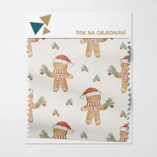 Detail látky s motivem vánočních perníčků v čepičkách a šálách – tisk na objednání OliVe.cz.