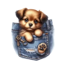 DTF nažehlovačka 9×8 cm se štěňátkem v džínové kapsičce.