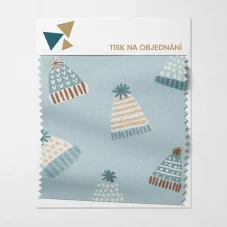 Zimní motiv s pletenými čepicemi v jemných odstínech modré a béžové na světle modrém podkladu 🧢❄️